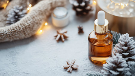 Skincare products and natural winter elements with a soft focus, conveying holiday beauty tips and skin nourishment.の素材