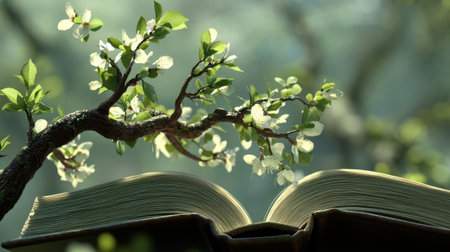 Tree branches sprouting from an open book with soft green leaves and a calming green backdrop symbolizing growth and learning.の素材