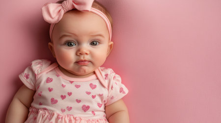 Sulking baby girl with a sweet but upset expression, her little frown stealing hearts on a pink backdrop.の素材