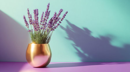 A chic gold planter featuring a lavender stem, styled on a mint green base with a contrasting purple background.の素材