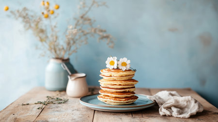 A breakfast scene with a clean stack of pancakes, styled against a calming pastel blue backdrop.の素材