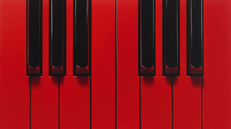 A close-up of piano keys framed symmetrically, contrasting boldly with a solid red backdrop.の素材