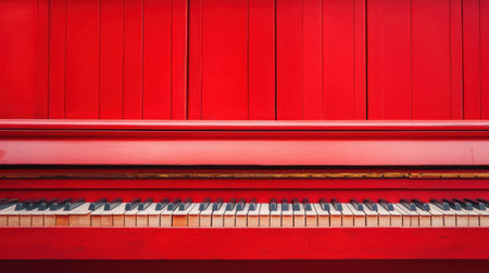 A close-up of piano keys framed symmetrically, contrasting boldly with a solid red backdrop.の素材