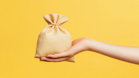 A hand giving a money bag with a confident gesture, isolated on a cheerful yellow background.の素材