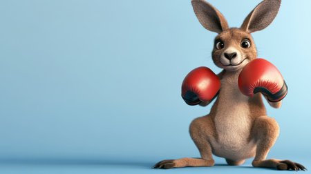 A funny cartoon-style kangaroo in boxing gloves, posing confidently on a plain blue surface.の素材