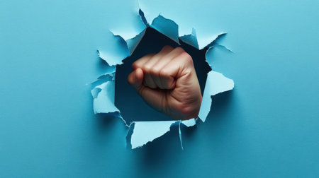 A hole torn in blue paper with a fist emerging from the center, representing breakthrough energy.の素材