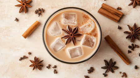 A refreshing chai latte with visible ice cubes, surrounded by cinnamon and spices on soft beige.の素材