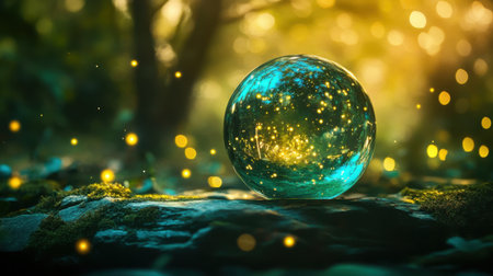 A radiant crystal ball set in a dreamy, mist-filled environment with glowing stars in the background.の素材