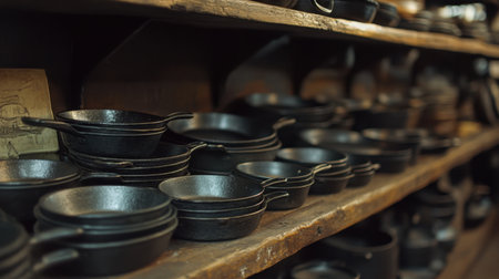 A rustic composition featuring cast iron pans stacked neatly, emphasizing texture and craftsmanshipの素材