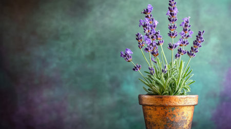 A delicate lavender flower in a golden pot, presented on a soft green surface with deep purple tones.の素材