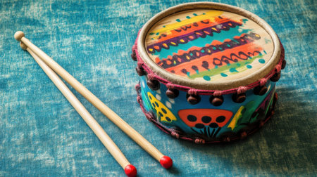 A playful toy drum with vibrant patterns, accompanied by drumsticks on a soft blue surface.の素材