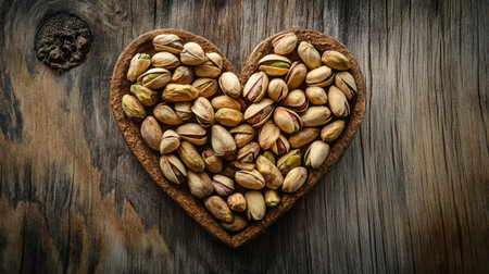 A natural shot of pistachios arranged in a heart, complemented by a rustic wood grain surface.の素材
