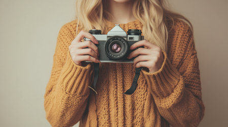 A retro-themed image of a photographer holding a classic camera, emphasizing timeless charm against a neutral vintage setting.の素材