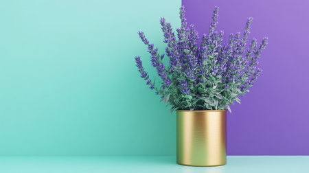 A vibrant composition with a lavender plant in a gold pot, standing out on a mint and purple color scheme.の素材
