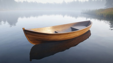 A small wooden boat isolated on a serene lake, surrounded by misty reflections.の素材