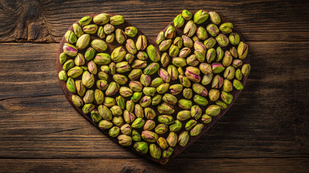 A rustic food design featuring pistachios in a heart shape, photographed on a warm wooden backdrop.の素材