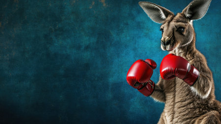 A realistic kangaroo with red boxing gloves, set against a dynamic blue studio background.の素材