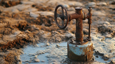 A vintage water pump covered in rust, symbolizing neglect in a lifeless, cracked terrain.の素材