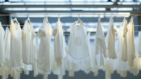 Brightly lit white garments hanging on a line, symbolizing cleanliness and purity.の素材