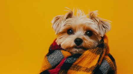 A small dog wrapped snugly in a plaid blanket, sitting happily against a bright yellow background.の素材