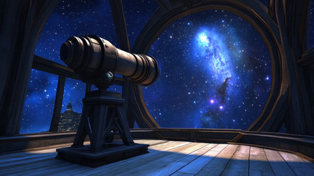 An observatory telescope framed against a breathtaking panorama of stars and galaxies.の素材