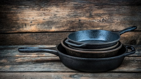 A stack of cast iron pans arranged on a rustic wooden table, showcasing their timeless design and durability.の素材
