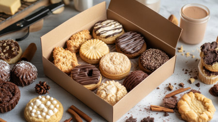 An assortment of Crumbl cookies displayed in a branded box, surrounded by baking tools.の素材