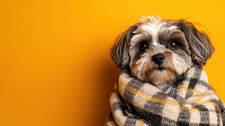 A small dog wrapped snugly in a plaid blanket, sitting happily against a bright yellow background.の素材