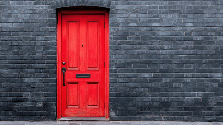 A vibrant red door framed perfectly within a charcoal gray brickの素材