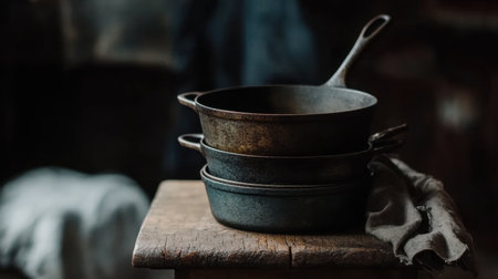 A stack of cast iron pans arranged on a rustic wooden table, showcasing their timeless design and durability.の素材