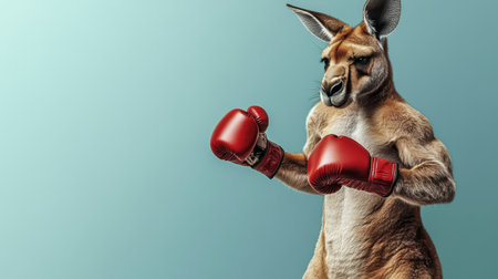 A strong, muscular kangaroo in boxing gear, ready to fight, isolated on a light blue gradient.の素材
