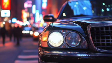 A striking urban night scene showcasing a black car with glowing headlights amidst vibrant city lights, capturing the essence of nightlife and metropolitan energy.の素材