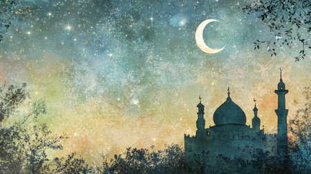 Enchanting night sky featuring a crescent moon and a mosque silhouette. A mystical atmosphere is created by stars, colors, and serene nature elements.の素材