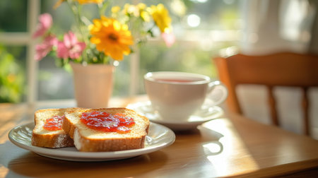 Slices of toast with fruit jam served with tea on a clean wooden table in a bright kitchen.の素材