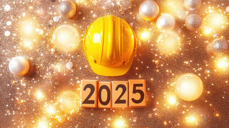 A vibrant yellow hard hat sits atop blocks reading "2025," surrounded by shimmering glitter and orbs, symbolizing celebration and new beginnings.の素材