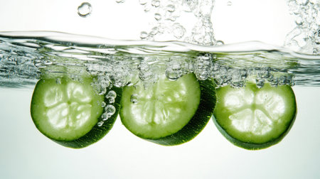 Fresh vegetable slices immersed in clear water, vibrant bubbles clinging to the surface.の素材