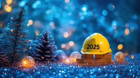 A vibrant yellow construction helmet labeled 2025 stands amidst festive decorations, representing hope and new beginnings during the holiday season.の素材