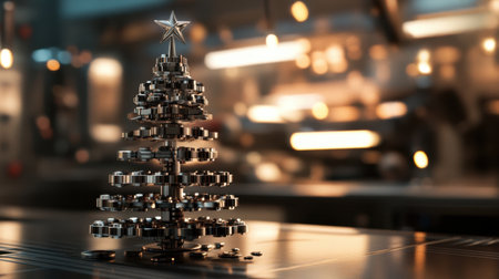 A unique Christmas tree crafted from metal gears and machinery parts, showcasing creativity and industrial charm. Perfect for festive-themed projects.の素材