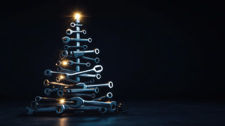 Unique holiday decoration featuring a Christmas tree made from metal wrenches. This creative design symbolizes craftsmanship and festive spirit in a distinctive way.の素材