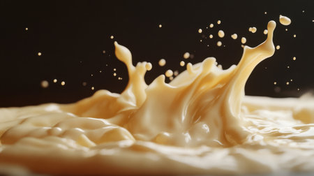 A captivating close-up of a creamy liquid splash, capturing the beauty of fluid motion. This artistic image showcases droplets in a moment of dynamic action against a dark background.の素材