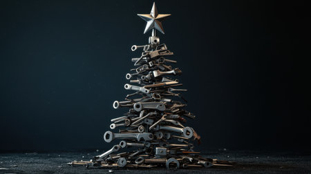 Unique holiday tree design created from various tools, showcasing creativity and industrial art. Ideal for representing innovation and craftsmanship in festive decor.の素材