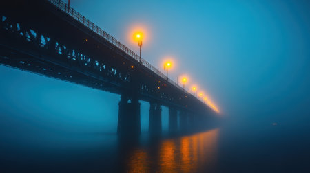 A mesmerizing foggy night scene showcasing a bridge illuminated by warm lamps. The calm water reflects the lights, creating a serene atmosphere of mystery and tranquility.の素材