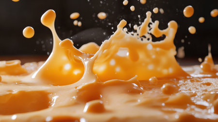 A captivating close-up of fresh orange juice splashing on a wooden surface, showcasing dynamic droplets and vibrant colors. Ideal for food and beverage themes.の素材