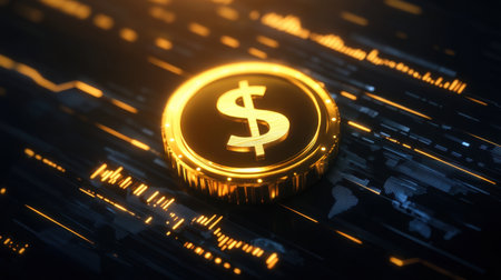 This image features a glowing golden dollar symbol set against an abstract digital background. It represents wealth, finance, and modern technology.の素材