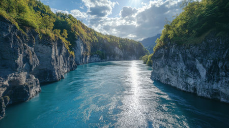 A breathtaking view of a river flowing between stunning cliffs under a bright sky. Lush greenery enhances the tranquil atmosphere, making it ideal for nature lovers.の素材