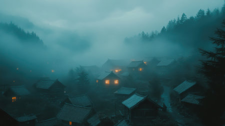 A tranquil village nestled in the mist at dusk, with soft glowing windows illuminating the serene landscape. An ideal scene for nature lovers.の素材