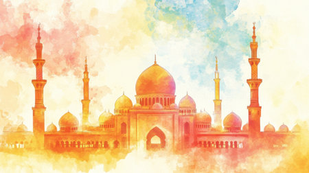 A stunning watercolor depiction of a majestic mosque, showcasing intricate domes and minarets against a vibrant sky. Ideal for cultural and architectural themes.の素材