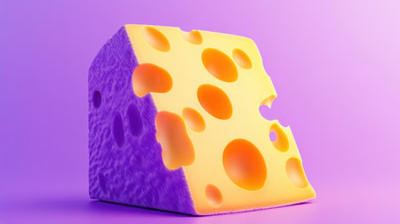 Bright yellow cheese cube with distinctive holes sits on a vibrant purple background, creating an eye-catching visual ideal for culinary or food-related projects.の素材