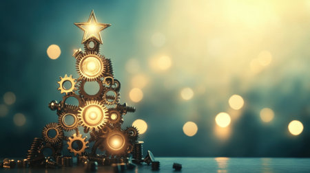 A unique artistic representation of a Christmas tree crafted from gears and mechanical parts, beautifully lit against a soft bokeh background.の素材