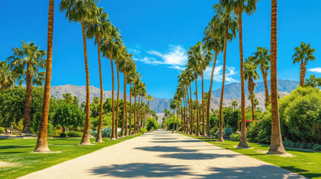 A picturesque scene of a palm tree-lined avenue under a bright blue sky, surrounded by lush greenery and majestic mountains, ideal for nature lovers.の素材